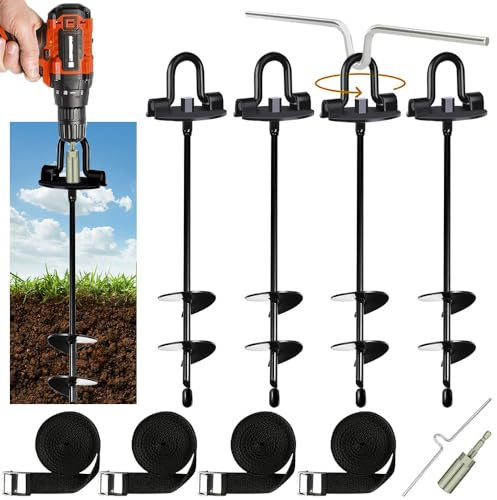 Ancrage pour Trampoline, Fixation Trampoline Sol, Kit Encrage Trampoline Exterieur, Sangle réglable - Adaptateur de perçage - Aide à la Rotation - Kit d'ancrage Robuste pour tentes, balançoires