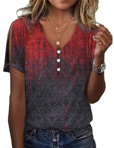 GRMLRPT Tops Damen Kurzarm Frühlingblusen V-Ausschnitt T-Shirts Tunika Oberteile Bedruckte Bluse Damen Elegant Lässige Hemd Kurzarmshirts für Damen(Schwarz,S)