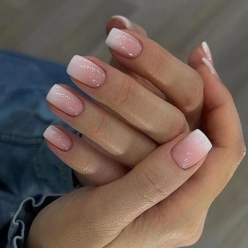 JUSTOTRY 24 Pcs Gradient Pink Short False Nails Pattern,White Solid Square Press on Nails,Glossy Fake Nails Medium for Nail Art,Squoval French Stick on Nail for Women and Teens Gifts