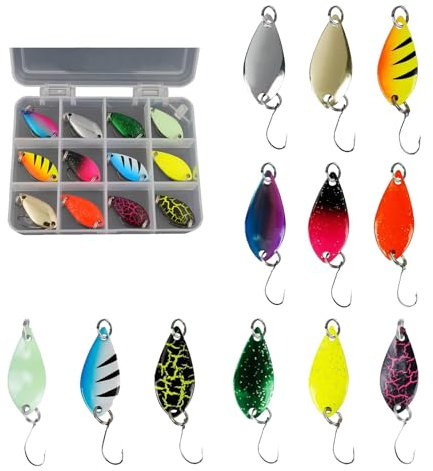 12 Stück Forellen Spoon Set 3,5g Forellenköder Spoons Forelle Blinker Angeln Set mit Spoon Box Realistische Forellenköder Set für Mandarinenfische Schlangenkopffische Barsche und Welse