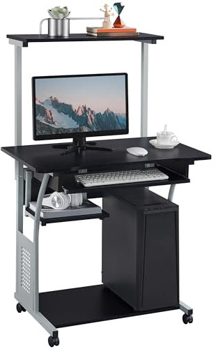 Soberine Scrivania PC e Stampante con Ruote Ufficio Mobile Tavolo per Computer e Stampante Tastiera Scorrevole da Studio Nera