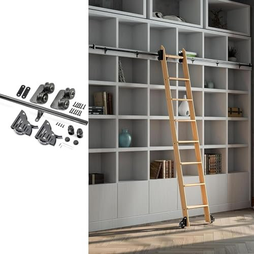 Library Ladder Hardware Rolling Track Kit for Wooden Ladder - Black Sliding, Round Tube Mobile Full Set with Brake Bottom Wheels - No Ladder
