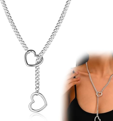 UYVPAER Herz Slip Kette Choker Kette Damen für Frauen, Herz O-Ring Slip Punk Rock Gothic kubanische Kette Herz Einstellbare Y-Halskette Edelstahl Choker Necklace für Männer