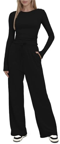 SotRong Cozy Lounge Wear Sets for Women Uk Fall Two Piece Outfits Long Sleeve Crop Top & Drawstring Waist Wide Leg Pants Matching Leisure Wear Sets Comfortable Pyjamas Homewear Sleepwear Set Black XL