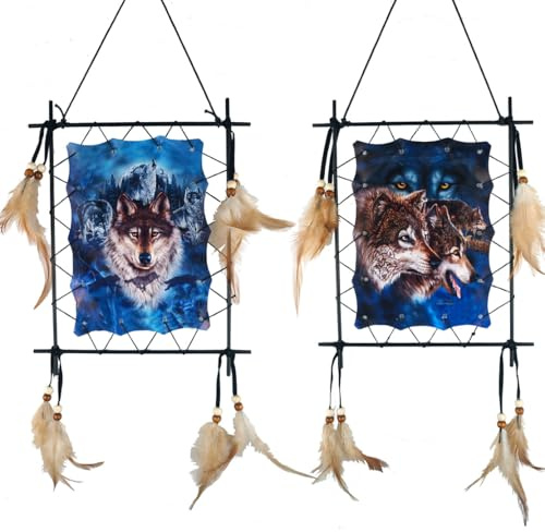 Remorelt Wolf Traumfänger Schlafzimmer Wanddekoration Weihnachten Home Decoration Raumzubehör Feder Dekoration - Einzigartiger Home Craft Wall Pendant (DC06 Frame Set 2)