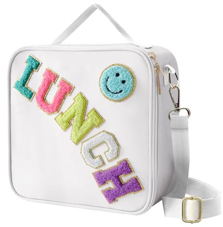 Insulated Lunch Bag With Adjustable Shoulder Strap, Nylon Preppy Lunch Box Large Insulated Lunch Bag Reusable Lunch Tote Bag with Smiley Preppy LunchBag for Girls School Travel Picnic (White)