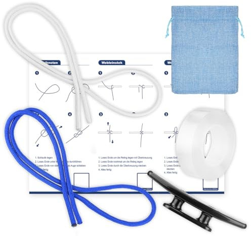 Knoten Übungsset, Segeln Lernen Zubehör für SBF See und SBF Binnen inkl. 2 x Seilen, 1 x Klampe ohne Saugnäpfen, 1 x Nano Tape & Knotenanleitung auf Papier und Video BESPOTCL Knoten Üben Geschenk