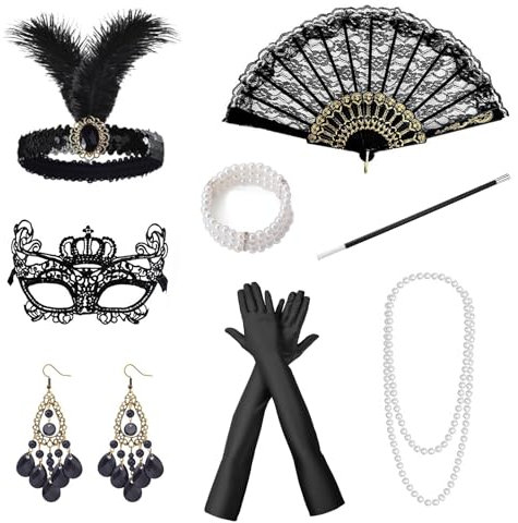 ZABARE 8 Teiliges 20er Jahre Accessoires,1920er Kostüm Accessoires Damen,20er Jahre Kleid Zubehör Set mit Stirnband Handschuhen Halskette Armband Ohrringen Spitze Faltfächer für Karneval Halloween