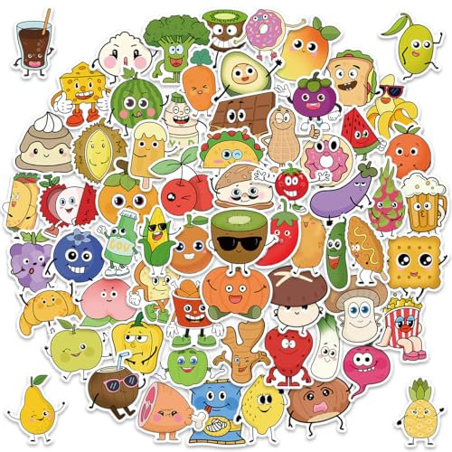 Spaßige Lebensmittel-Sticker für Kinder – 100 verschiedene Designs, personifizierte Früchte, Gemüse & Snacks – verspielte, süße, einfach abziehbar & klebbar, 5-7,5 cm