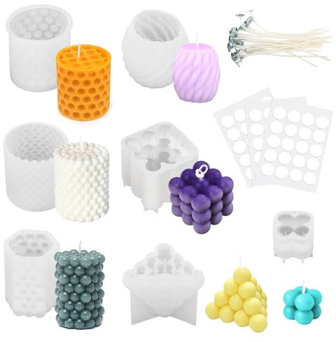 Stampi per Candele in Silicone, 7PCS Stampi per Candele Fai Da Te, Stampi e Stoppini per Candele, Stampi per Candele Bubble Cubo, Stampi per Candele da versare come decorazioni per la casa, Fai Da Te