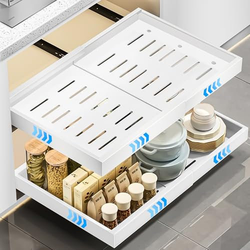 WELLTE 2 Pieza Cajón Telescópico para Pegar, Extraíble para Cocina, (53cm Profundidad) Organizador de Cajones de Cocina con Sistema de 3 Carriles, sin Necesidad de Taladrar ni Clavar, Blanco