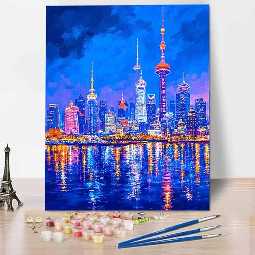 HENJGWEG Vue Nocturne Peinture par Numéros Adultes Enfants Débutants, Peinture Numero Adulte DIY Kits de Peinture à l'huile, Peinture par Numéros pour la Décoration de la Maison Ville 50x65 cm N-L