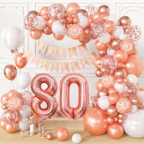 80th Birthday Decorations for Women, Rose Gold Balloons Garland Arch Kit Party Decorations with Number 80 Foil Balloon Happy Birthday Banner, Rose Gold Decor for 80th Birthday Party