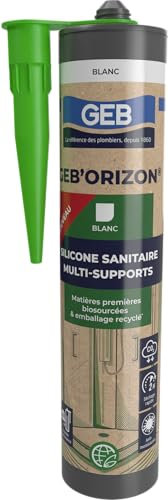 GEB'ORIZON Silicone sanitaire multi-supports et anti-moisissures éco conçu à partir de matières premières renouvelables biosourcées. Séchage rapide en 2 heures, Blanc, 310 ml