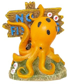 AQ4Aquaristik Krakenfigur, Tintenfisch mit No Fishing Schild, Octopus orange, Aquarium Dekoration