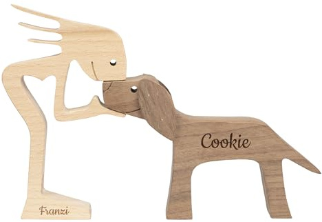 Herz & Heim® Dekofigur „Mensch & Hund“ aus Holz personalisiert mit Gravur – Frauchen oder Herrchen – Skulptur mit Namen als Geschenk für Hundeliebhaber (Frauchen)