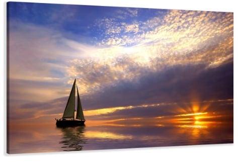 Visario Leinwandbild 120x80 cm 5097 Segelboot Sonnenuntergang Meer - Wandbild Natur Ozean Segelschiff Abendhimmel Wolken Gold Violett - Fertig Aufgespannt Holzrahmen - Wohnzimmer Schlafzimmer Büro