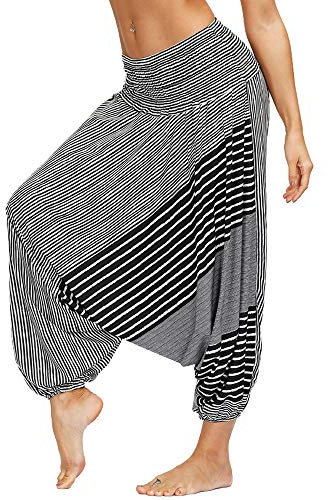 Nuofengkudu Damen Pumphose Aladin Thai Haremshose Hippie Bunt Muster Baggy Leichte Indische Yoga Hosen Hip Hop Sommer Strandhose(W-Schwarz C,Einheitsgröße)