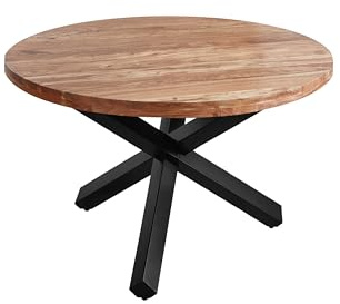 SAM Runder Esszimmertisch 130 cm Runa, Akazienholz massiv, Esstisch naturfarben, Sternfuß aus Metall Mattschwarz, Holztisch im Industrial-Stil, aufgedoppelte Tischplatte