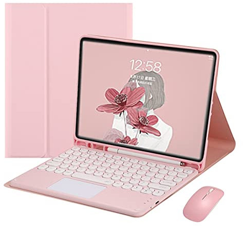 HENGHUI iPad 9th 8th 7th Generation Air 3 Pro 10.5 inch Color Touch Keyboard Case with Bluetooth Mouse Cute Round Key Detachable TouchPad Keyboard iPad 10.2 10.5 inch Cover (Pink)