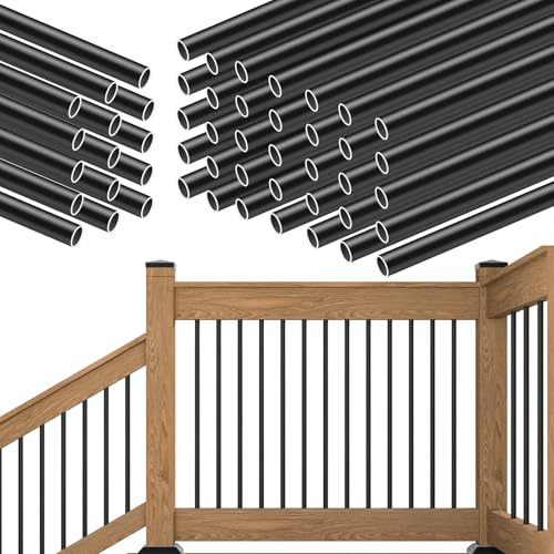 Muzata 50Pack 36 Aluminum Deck Balusters Round Black Deck Railing Stair Porch Staircase Spindles 3/4 Diameter Hollow for Railing Fencing Porch Stair WT01