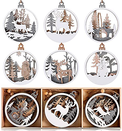 Marsui 6 Stück Holz Weihnachten Ornament Wunderland Winter Weihnachtsbaumschmuck Rustikal Bauernhaus Dekoration Glitzer Wald Rentier Schnitzerei Handwerk Weiß Weihnachtsdeko für Weihnachtsbaum