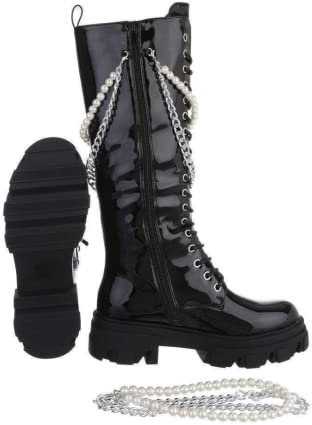 SUPER MODE Donna Stivali lunghi in Pelle Nero per Autunno/Inverno Lacci, Catena e Collana di Perle Bianche (pelle verniciata, numeric_40), Pelle lucida, 40 EU
