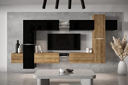 Furnitech Wohnwand Wohnzimmer - Möbel mit LED Blau - Hängend Wohnwand Modern - Schrankwand mit Regale und TV Schrank (AN91NEW-21BDZ-HGM24)