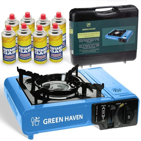 GREEN HAVEN Blue Portable Camping Stove with Cary Case & 8 Butane Gas - Premium Camping Gas Stove, EN417 Compliant, Portable with Automatic Ignition & Heat Control