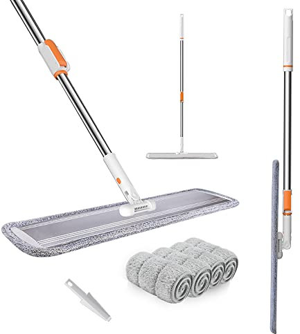 Mopa Plana de Microfibra de 32 Pulgadas para Limpieza de Suelos, trapeadores comerciales Secos y húmedos en Suelos de Madera Dura con 4 Almohadillas Lavables, Herramientas telescópicas de Aluminio de