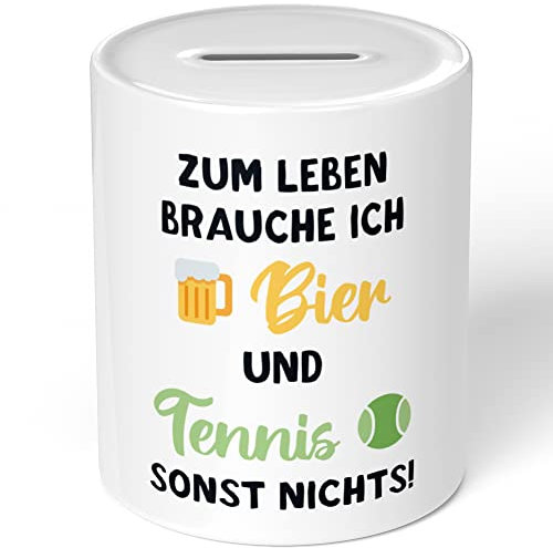 JUNIWORDS Spardose Sparbüchse, Zum Leben Brauche ich Bier und Tennis, sonst Nichts (1005485)