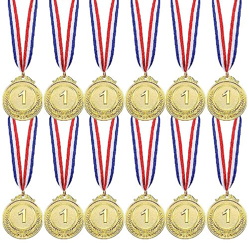 EMITUOFO Médaille pour Enfants, 12 Pièces Médailles en MéTal Doré de Style Olympique avec Rubans, Médailles de Prix de JournéE Sportive et Jeux de Compétitions pour Enfants Homme et Femme