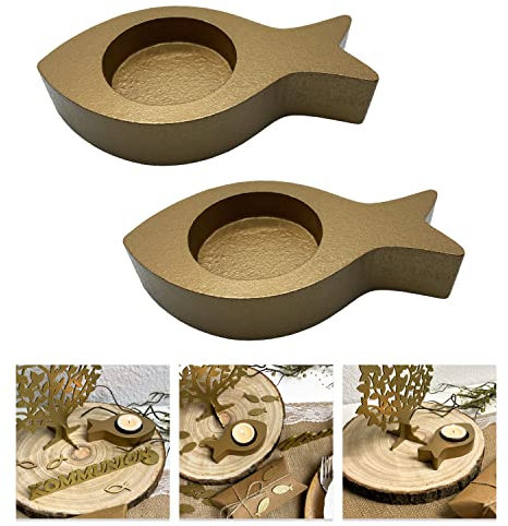 Oblique Unique® Teelichthalter Fisch 2er Set Kerzenhalter Fische aus Holz - Tisch Dekoration für Taufe Kommunion Konfirmation Taufdeko (Gold)