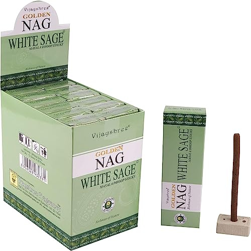 Aromasenses | Incenso Masala Dhoops Sticks Golden Nag Salvia Bianca Vijayshree | 12 Scatoline da 10 Dhoops ciascuna | Include Supporto Bruciatore | Yoga | Rilassamento | Meditazione