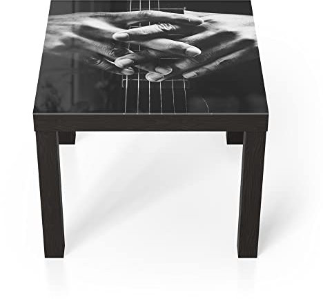 DEQORI Glastisch | schwarz klein 55x55 cm | Motiv Mann hält Gitarrenhals | ausgefallener Beistelltisch aus Glas | Hochglanz Couchtisch fürs Wohnzimmer | moderner Couch Tisch mit Design