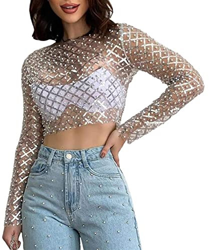 Yendoll See Through Pearl Sheer Mesh Top Long Sleeve Beaded Crop Top Pearl Cover Up, Silver, XS-S