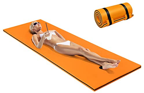 GYMAX Schwimmende Wassermatte Wasser Hängematte aus XPE-Schaum Aufrollbare Schwimmmatte mit Kopfkissen Design für Schwimmbecken Strand See (Orange + Schwarz)