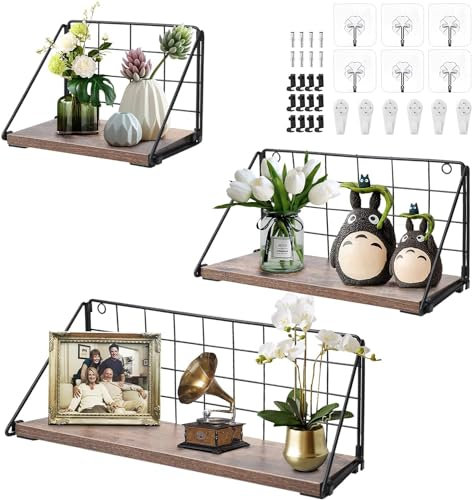 Yuehuamech Juego de 3 estantes flotantes montados en la pared, estantes de almacenamiento de pared de rejilla de alambre de metal rústico, estantes de exhibición para decoración del hogar, estante de