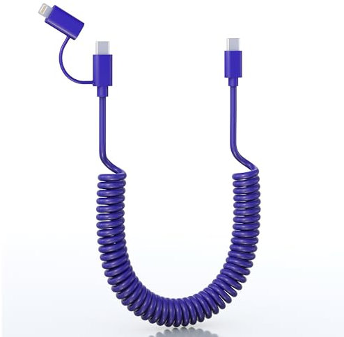 USB C auf USB C und Lightning 2 in 1 Kabel Spiralkabel, für Apple CarPlay und Android Auto, für iPhone 15 14 13 12 11 Pro Max 8 7 X Serie/Android Handy/iPad/Laptop, 66W/ 27W Schnellladung mit Daten