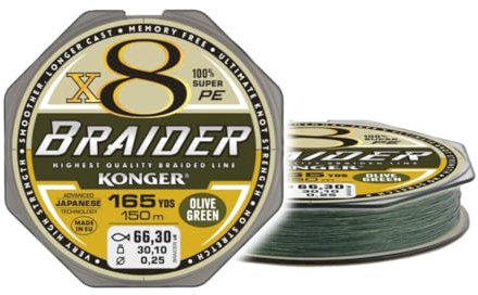 Geflochtene Schnur KONGER Braider Olive Grün 8-Fach Braided Line Angelschnur 150m 0,04mm-0,25mm (0,08mm/7,60kg)