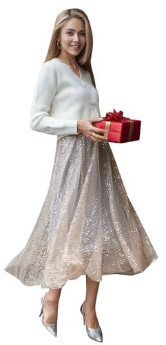 Chicwish Frauen Tüll Mesh Pailletten Röcke Elastische Taille Plissee Midi Rock Sparkle Layered Flowy Fairy Tutu Röcke, gelb, S/M