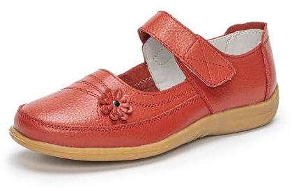 Rusffes Womens Leather Mary Jane Shoes Ladies Wide Fit Flat Shoes Casual Work Office Nurse Shoes Red 5.5uk
