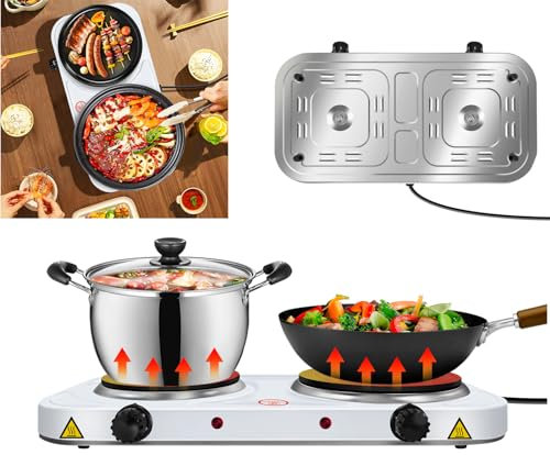 Electric Hot Plate Portable Camping Cooker, Electric Kitchen Hob with 5 Variable Heat Settings, 2 Cast Iron Portable Hob Rings (1500W & 1000W) For Warming, Cooking Boiling Fryer