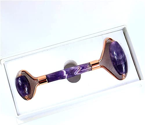 ZDVHOMCB Home Sammlungen Amethyst-Rohstein, Gesichtspflege, Amethyst-Roller, Gua-Sha-Massageset, natürliches Kristall-Jade-, Gesichtskörper, Hals, Haut, Schönheit, Entgiftung (Color : Roller and Box)