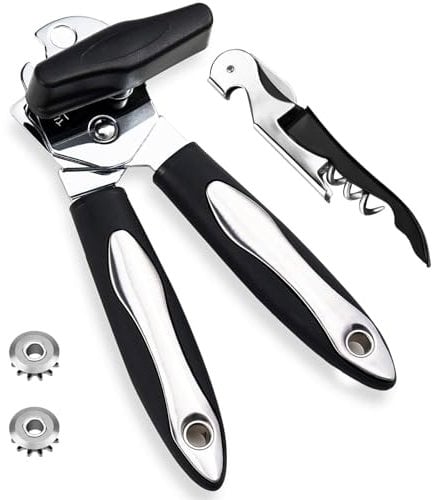 QIUWORE Tin Opener,Tin Openers for Arthritis Hands,Tin Openers That Work,Comes with 2 Additional Smooth Edge Tin Opener Replacement Blades and Bottle Opener