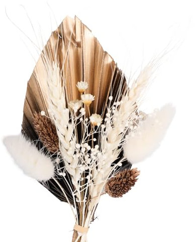 Dried Flower for Cake, Black and Gold Dried Flowers Bouquet Palm Leaves Bunny Tail Starflower Precious Grass Wheat Cake Decorations for Wedding Birthday Party