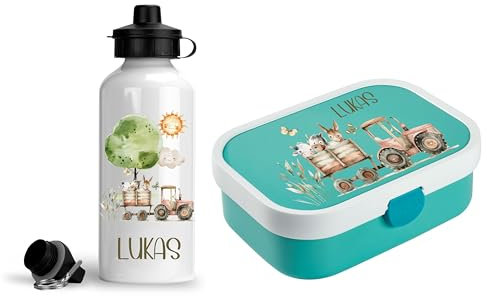 wolga-kreativ Personalisiertes Set Mepal Campus Brotdose Kinder mit Fächern und Alu Trinkflasche Kinder mit Namen, Vesperdose Bauernhof Traktor Geschenk für Schule, Kindergarten Einschulung