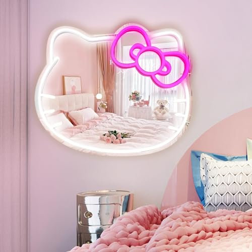 MCJSGSP Anime Hello Kit Mirror with Light Neon Signs for Wall Decor, Teen Girl Gift，Makeup Mirror neon Sign Room Decor (9.4 * 11.9 inch)