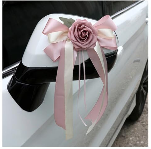 Pmnzdy Lot de 2 nœuds pour voiture - Fleur en soie - Simulation de fleur - Décoration de voiture - Poignée de porte - Rétroviseur - Pour église, mariage, enterrement de vie de jeune fille - Rose