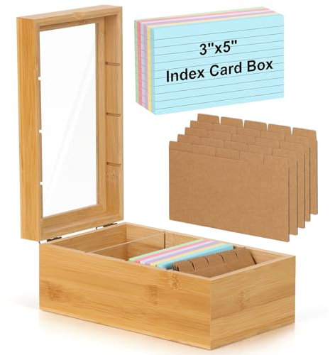 Karteikarten-Organizer aus Bambus, 7,6 x 12,7 cm, mit Trennwänden, Rezeptbox aus Holz mit Deckel, 4 Fächer für 1200 Karten, 15 cm B x 25 cm T x 10 cm H